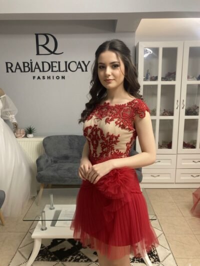 MARIE | KISA TÜL ETEKLİ KIRMIZI DANTEL DETAYLI VÜCUDU SARAN ABİYE