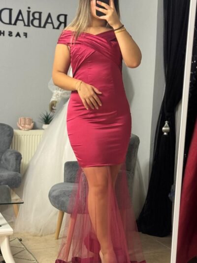 AMORE | PİLELİ HAVUZ YAKA SATEN TÜL DETAYLI BALIK ABİYE